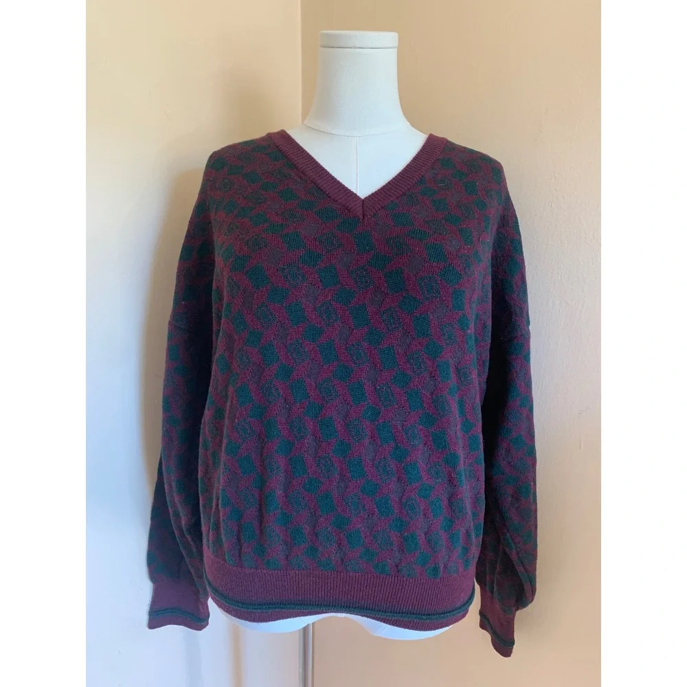 Maglificio Florence Merino Wool V-Neck Sweater XL Burgundy Green Geometric Italy